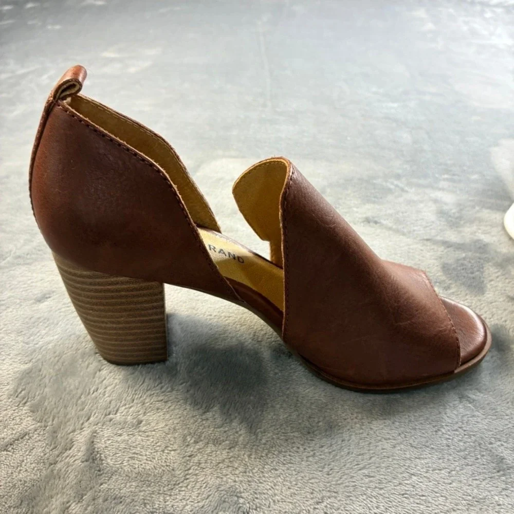Lucky Brand Junai Brown Leather Peep Toe Cutout 3" Block Heel Booties Size 7M - Picture 15 of 16